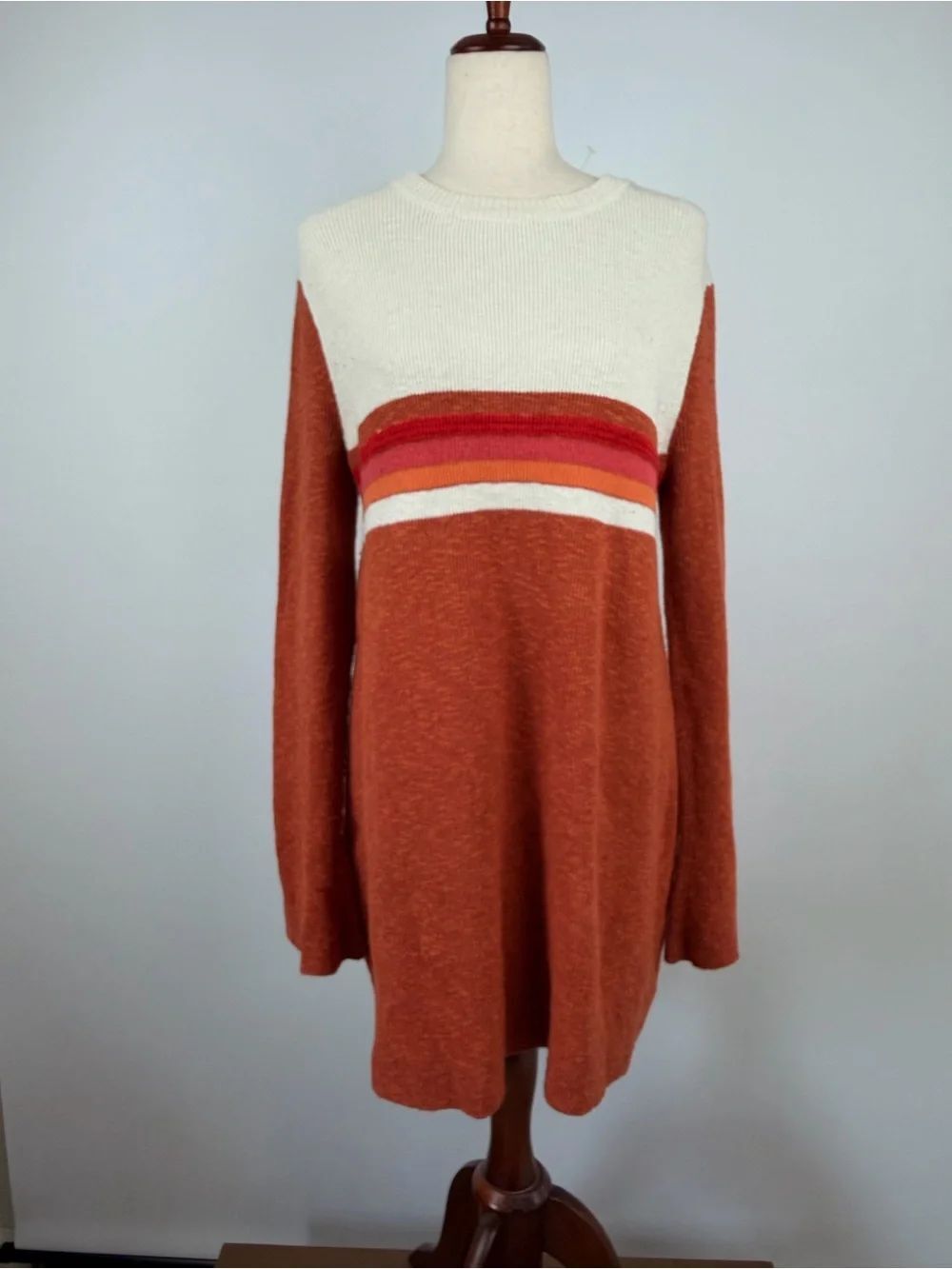 NWOT Free People Cream Knit Sweater Dress with Rust Trim Size L